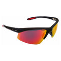 Sunglasses with a sleek black frame and reflective orange lenses positioned to the right against a plain white background highlighting their sporty design suitable for outdoor activities.
