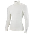 A white long-sleeve, high-neck shirt is displayed. It is form-fitting with a logo near the collar and stylish stitching. The shirt is showcased against a plain background.