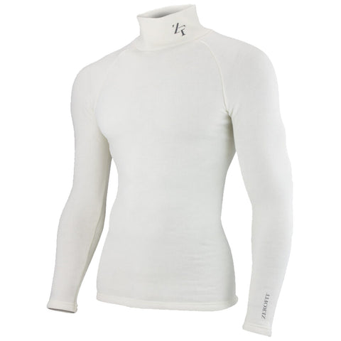 A white long-sleeve, high-neck shirt is displayed. It is form-fitting with a logo near the collar and stylish stitching. The shirt is showcased against a plain background.