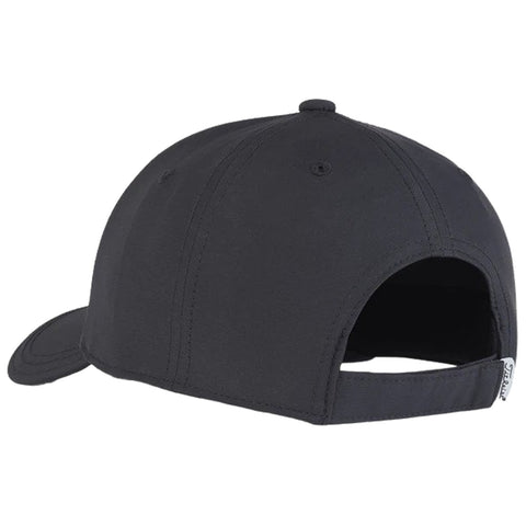 A black baseball cap is displayed from the back showing its curved brim and adjustable strap the environment suggests a casual or sporting context suitable for outdoor activities.