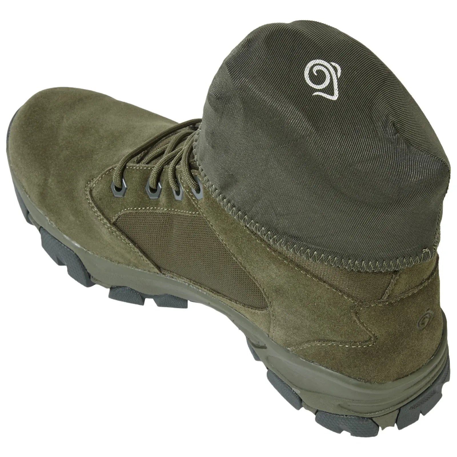 A green outdoor boot is positioned upright with a high, padded collar and textured bottom sole showcasing rugged tread designed for traction in various terrains.