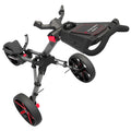 A golf push cart is displayed with a sleek design featuring three wheels and a compartment for storage; the handle is ergonomically shaped for easy maneuverability.
