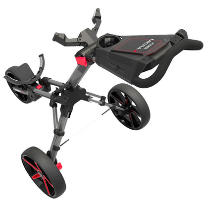 A golf push cart is displayed with a sleek design featuring three wheels and a compartment for storage; the handle is ergonomically shaped for easy maneuverability.