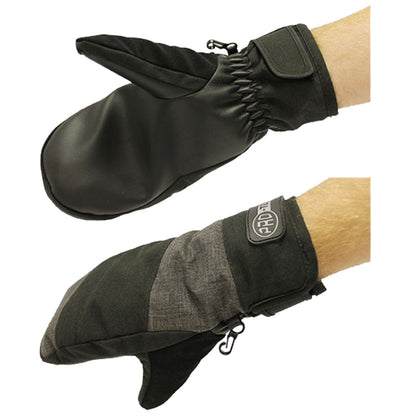 A pair of insulated mittens rests on a hand featuring a black and gray design with a thick cuff and elastic gathering at the wrist for warmth and a snug fit.