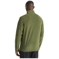A person stands with their back to the viewer wearing a green fleece jacket with a high collar in a neutral setting suggesting casual or outdoor wear.
