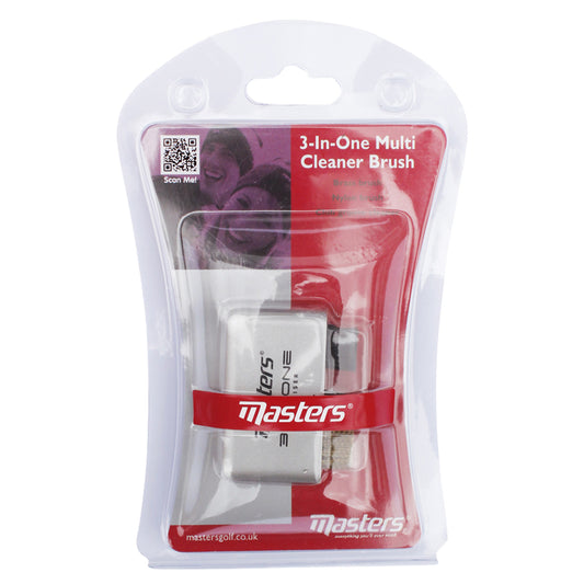 A multi-cleaner brush is displayed in clear packaging featuring brass and nylon brushes for cleaning equipment alongside a QR code and branding elements in a simple retail setting.
