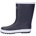 A dark blue rubber boot stands upright with a white top trim and a textured black sole showcasing its weather-resistant design ideal for wet environments.
