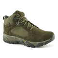 A high-top olive green hiking boot features a sturdy design with laces and reinforced eyelets showcasing a rugged sole suitable for outdoor activities. The boot has a combination of suede and mesh materials.