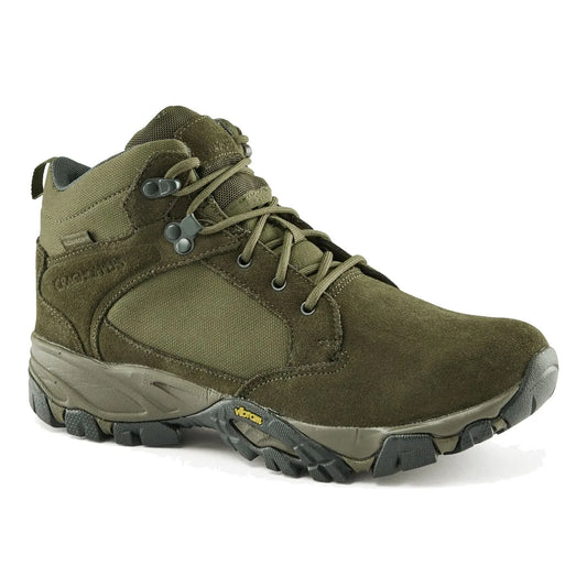 A high-top olive green hiking boot features a sturdy design with laces and reinforced eyelets showcasing a rugged sole suitable for outdoor activities. The boot has a combination of suede and mesh materials.