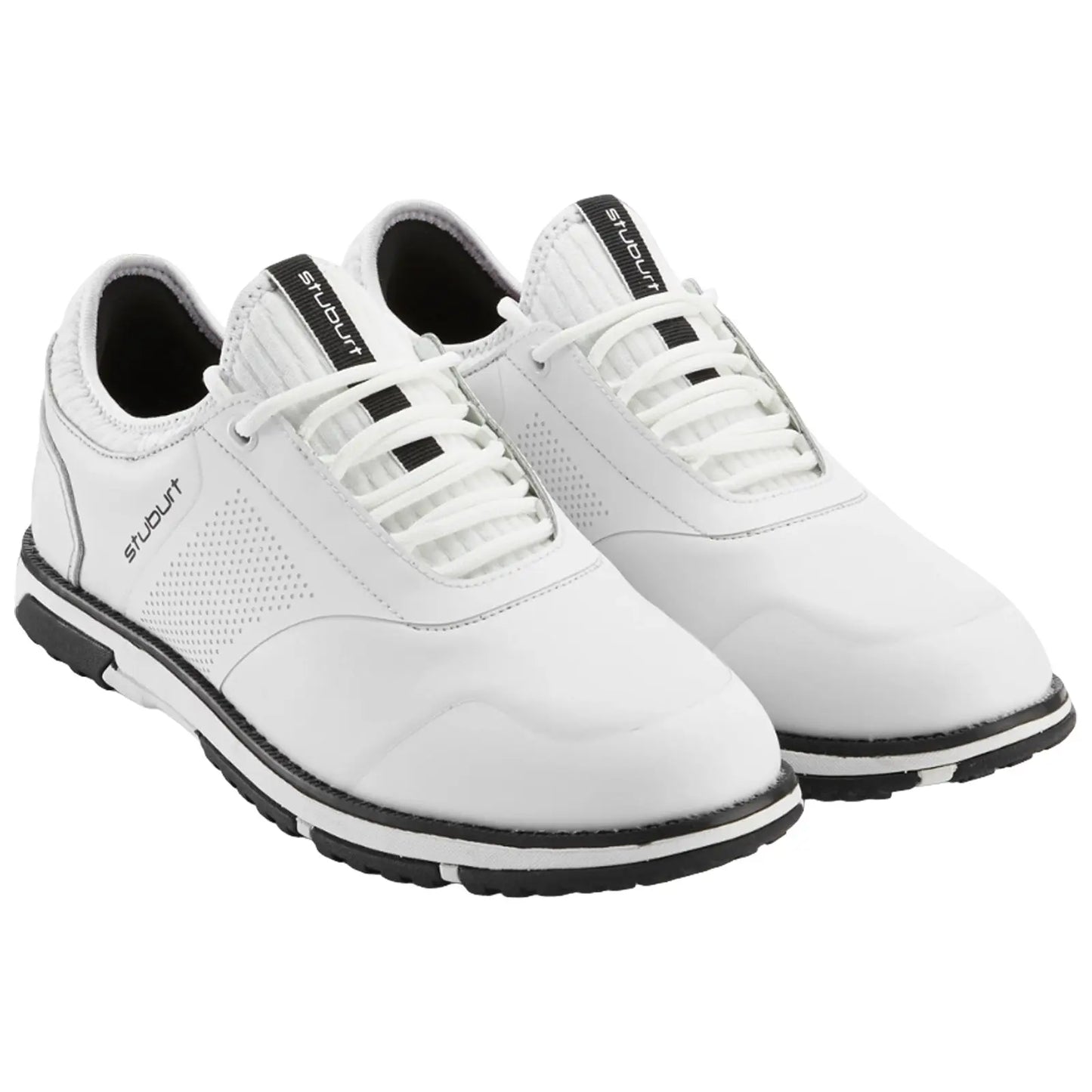 A pair of white athletic shoes with black accents is displayed. They have a sleek design featuring laces and perforated sides, suitable for casual or sports activities.