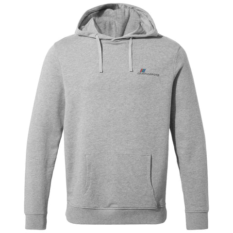 A grey hoodie is displayed frontally featuring a kangaroo pocket and adjustable drawstrings. A small logo with the text "CRASHHOPPERS" is visible on the left side.