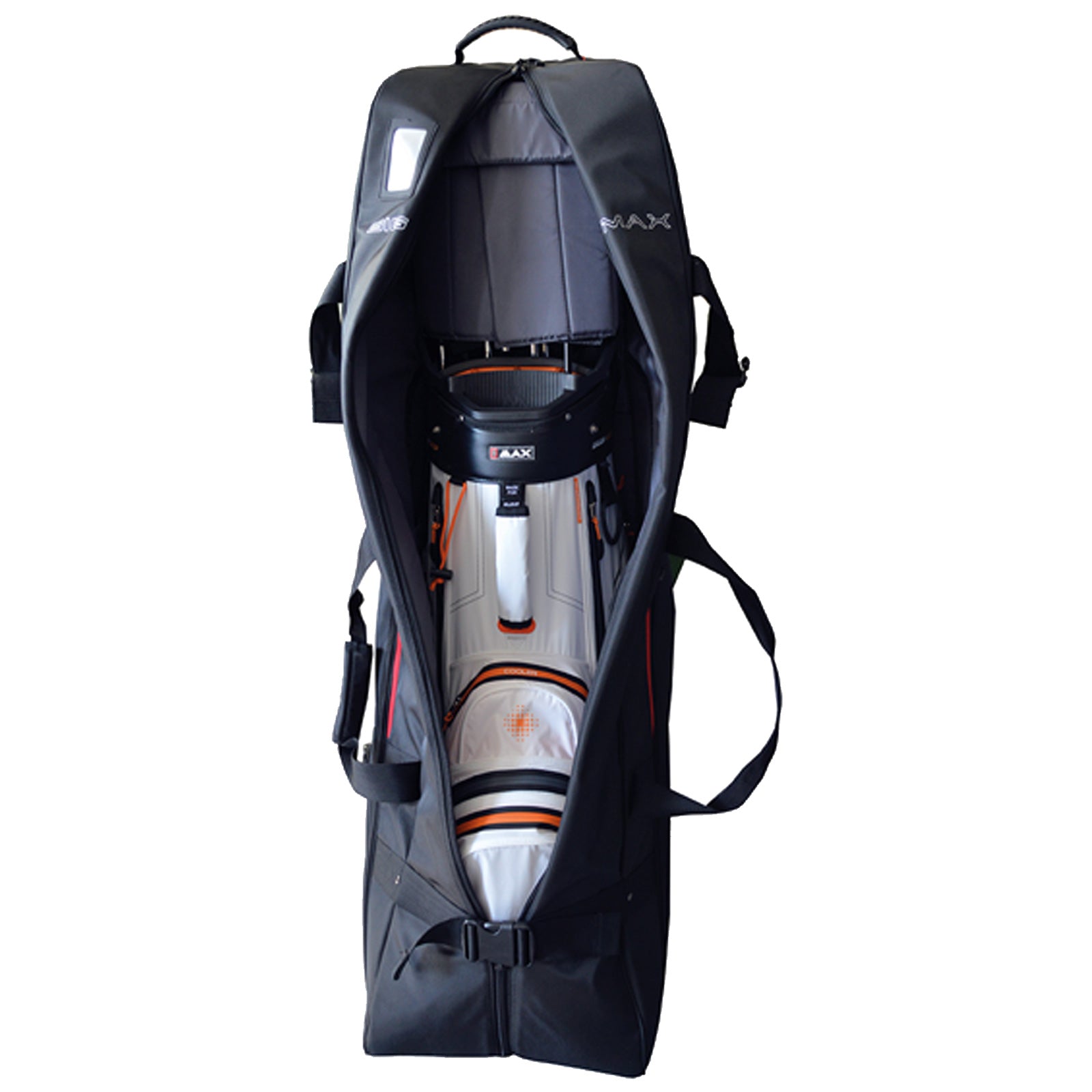 A black golf travel bag with a partially open zipper reveals a golf club set inside it. The bag features straps for carrying and compartments for equipment organization.