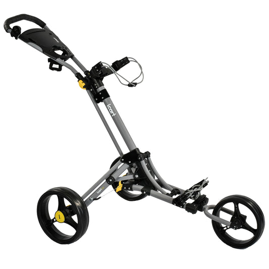 A gray and black golf push cart with three wheels stands upright featuring a handle and a sturdy frame designed for transporting golf bags across a golf course.
