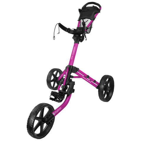 A pink golf cart is displayed standing upright on three large black wheels with a foot pedal and a mesh storage area at the top designed for carrying golf equipment.