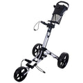 A golf trolley stands upright with three wheels attached to a slim frame featuring a handle and a mesh storage compartment designed for carrying golf bags on the course.