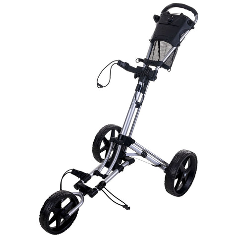 A golf trolley stands upright with three wheels attached to a slim frame featuring a handle and a mesh storage compartment designed for carrying golf bags on the course.