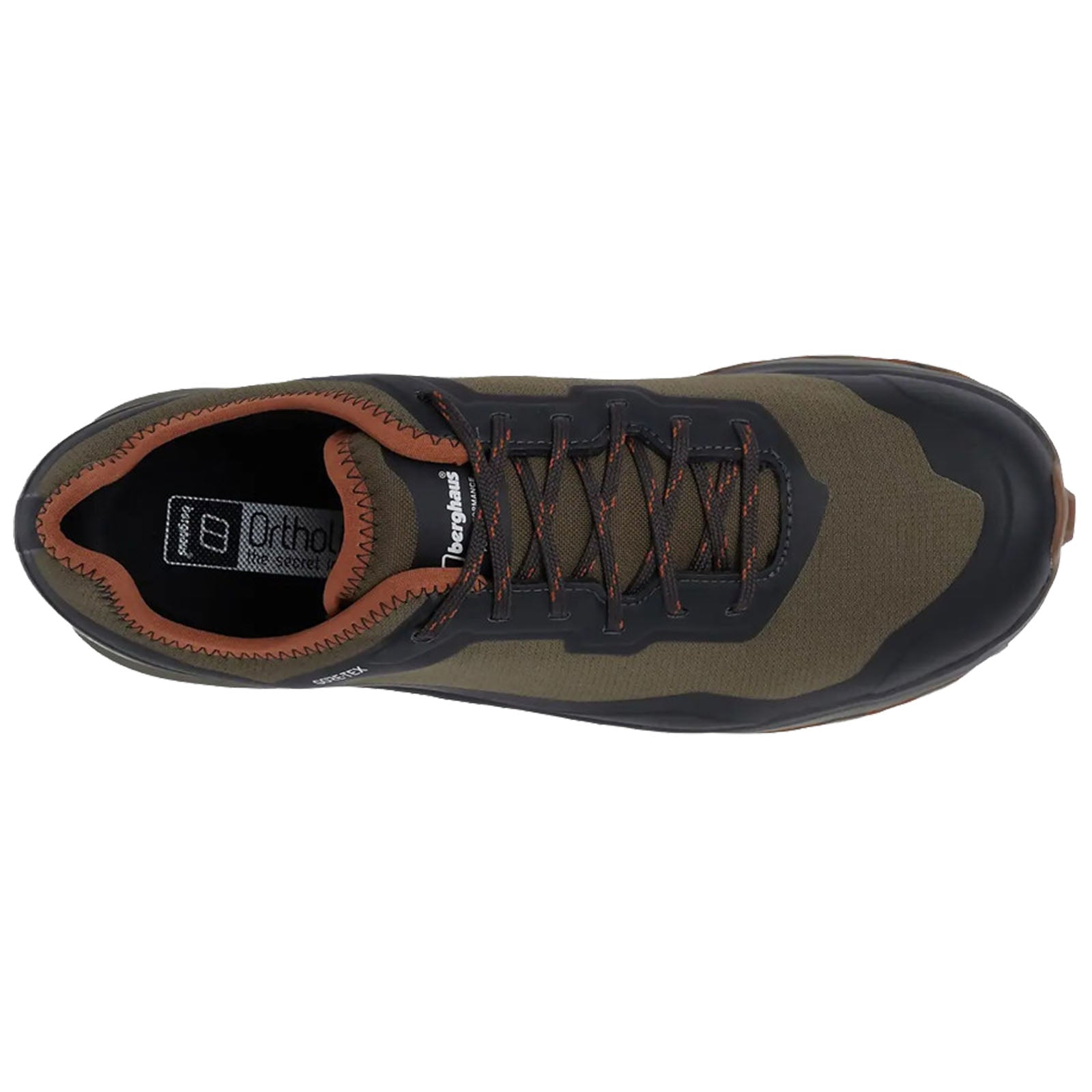A green and black athletic shoe is shown from above with brown accents and black laces positioned on a flat surface highlighting its design features including the textured upper material and logo.