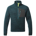 A teal and black pullover sweatshirt features a zippered collar and a chest pocket with a zipper showcasing a textured fabric design suitable for casual or outdoor wear.