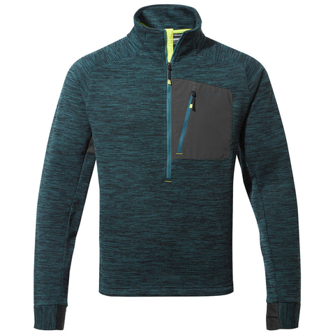 A teal and black pullover sweatshirt features a zippered collar and a chest pocket with a zipper showcasing a textured fabric design suitable for casual or outdoor wear.