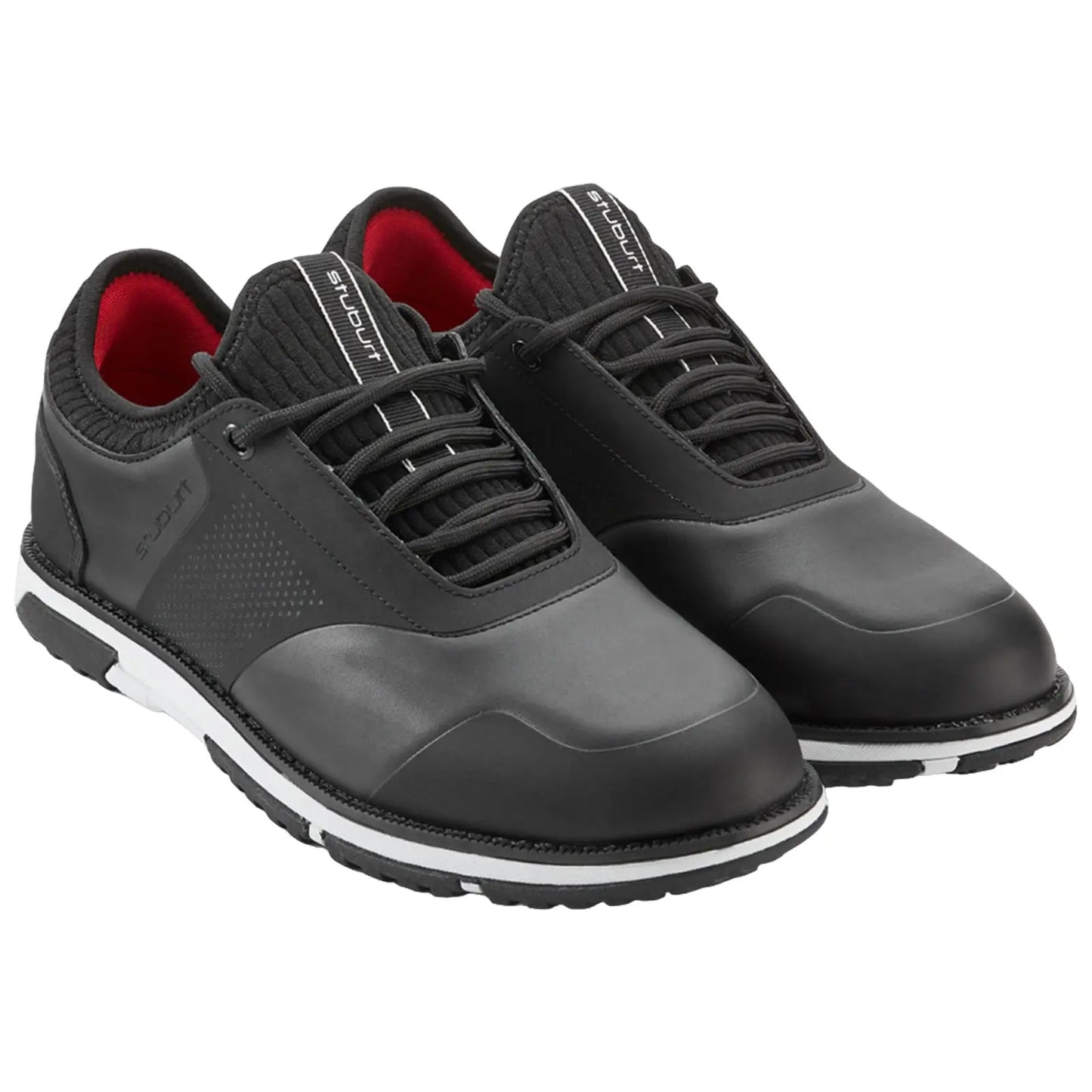 Black athletic shoes are positioned side by side with laces threaded and the interior showcasing a red lining against a plain background, highlighting their design and style suitable for active wear.