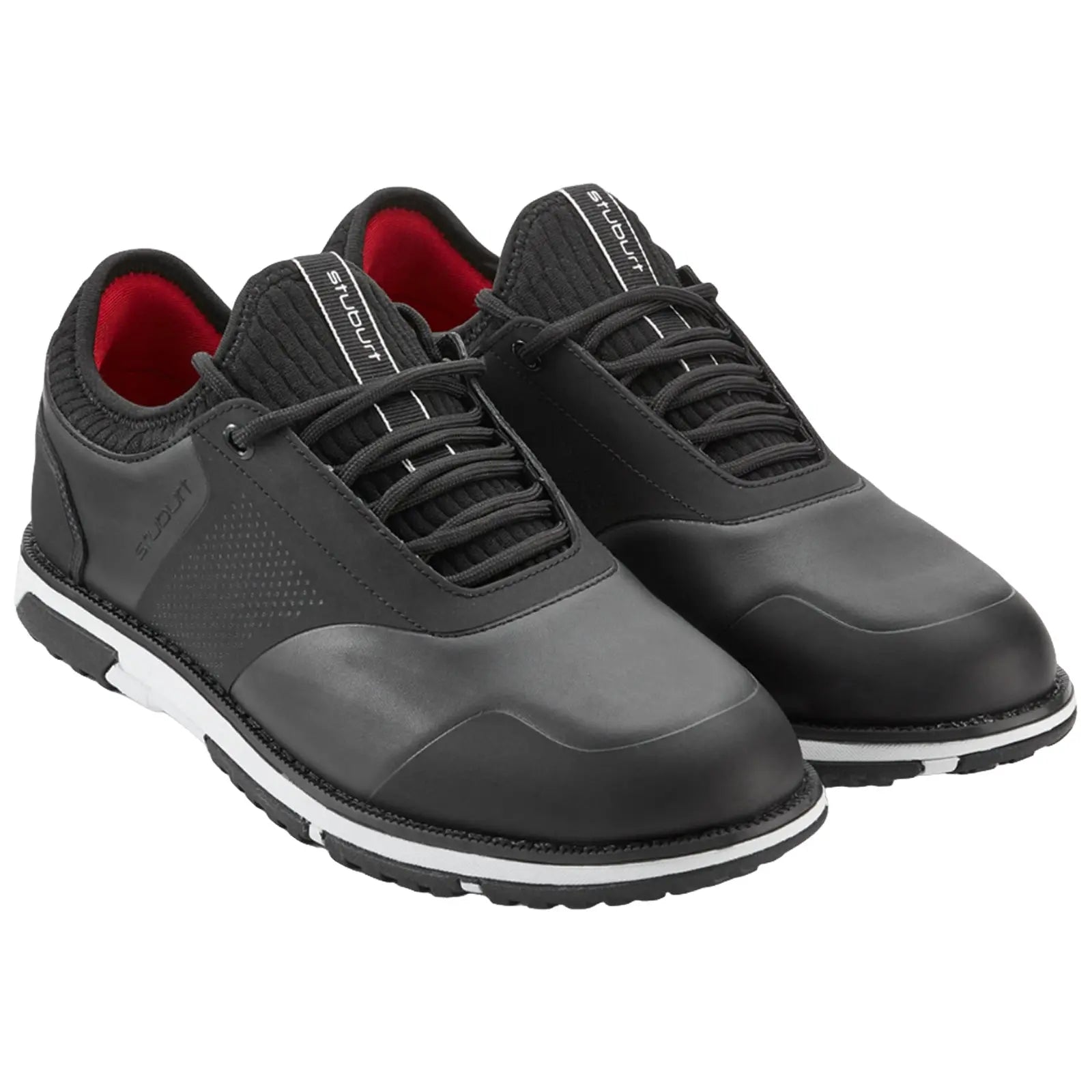Black athletic shoes are positioned side by side with laces threaded and the interior showcasing a red lining against a plain background, highlighting their design and style suitable for active wear.