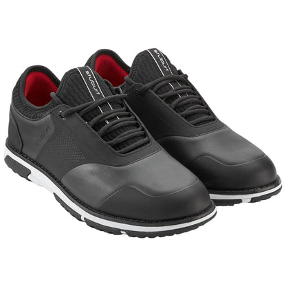 Black athletic shoes are positioned side by side with laces threaded and the interior showcasing a red lining against a plain background, highlighting their design and style suitable for active wear.