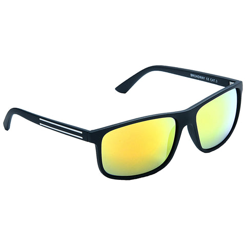 Black sunglasses with reflective yellow lenses rest at an angle displaying sleek lines and a sporty design placed against a plain white background.