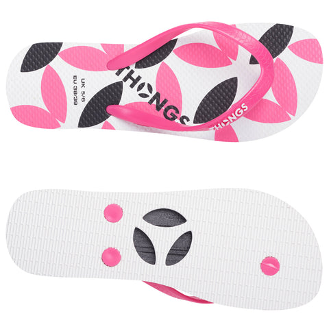 A pair of flip-flops displays a colorful design featuring pink and black floral patterns on a white background while the underside has a textured surface with circular indentations for grip.