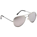 Silver aviator sunglasses rest with reflective lenses and black temples designed for sun protection and style placed against a neutral background suggesting casual outdoor use