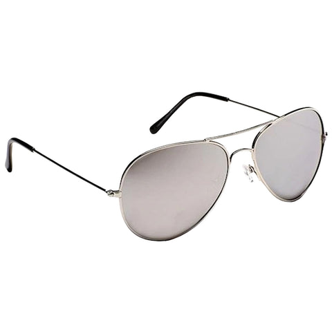 Silver aviator sunglasses rest with reflective lenses and black temples designed for sun protection and style placed against a neutral background suggesting casual outdoor use