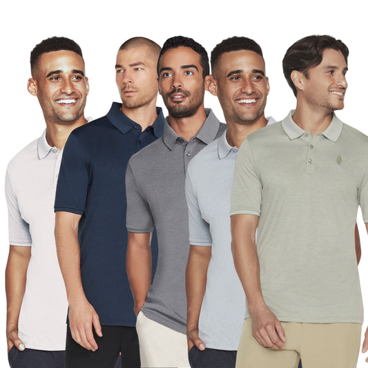 Skechers Mens Off Duty Polo Shirt M3TO45 Five men stand side by side wearing different colored polo shirts. Each man has a unique expression ranging from smiling to serious. The background is plain and white.