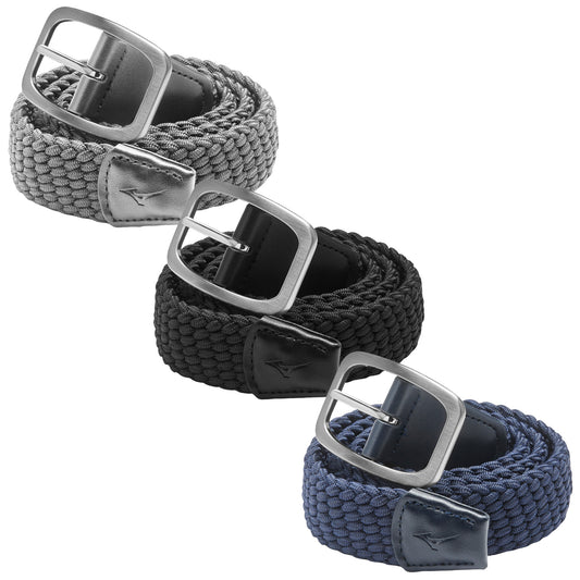 Three braided belts in grey black and navy blue are stacked vertically with silver buckles displaying a casual stylish design suitable for various outfits and occasions.