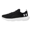 A black athletic sneaker with a mesh upper is positioned sideways showcasing its white sole and a prominent logo on the outer side suitable for sports or casual wear.