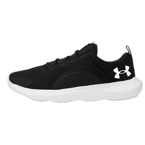 A black athletic sneaker with a mesh upper is positioned sideways showcasing its white sole and a prominent logo on the outer side suitable for sports or casual wear.