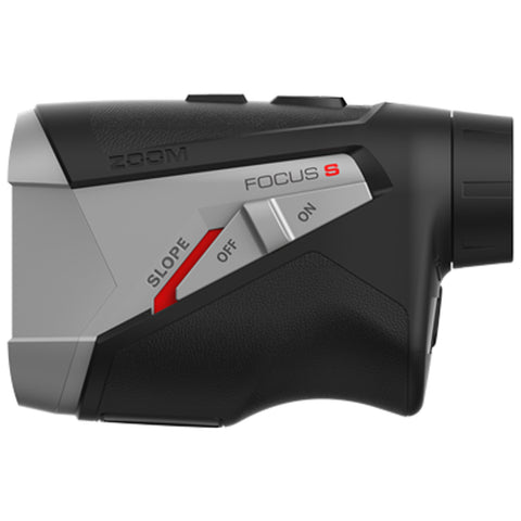 A handheld golf rangefinder is positioned sideways featuring buttons labeled SLOPE OFF and ON with a textured grip and a cylindrical lens at one end indicating its use in measuring distances.