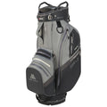 A golf bag stands upright featuring multiple zippered compartments and a distinct black and gray color scheme designed for functionality and storage while appearing sleek and modern.