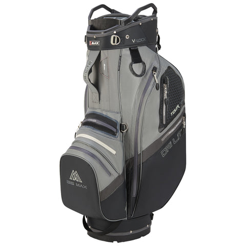 A golf bag stands upright featuring multiple zippered compartments and a distinct black and gray color scheme designed for functionality and storage while appearing sleek and modern.