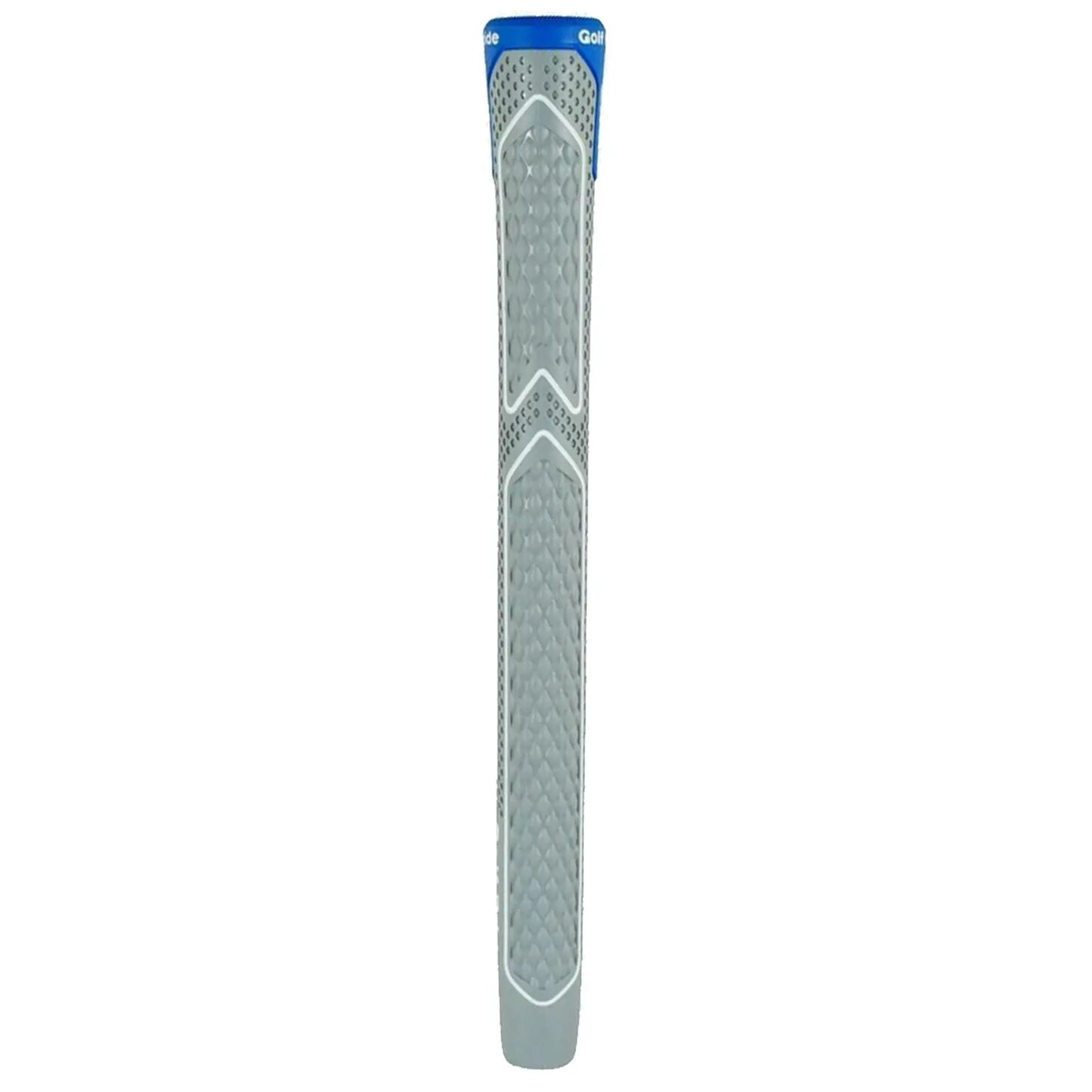 A golf grip is displayed vertically with a textured gray surface and blue top section showing the brand name Golf Pride the grip appears to be designed for improved handling on a golf club.