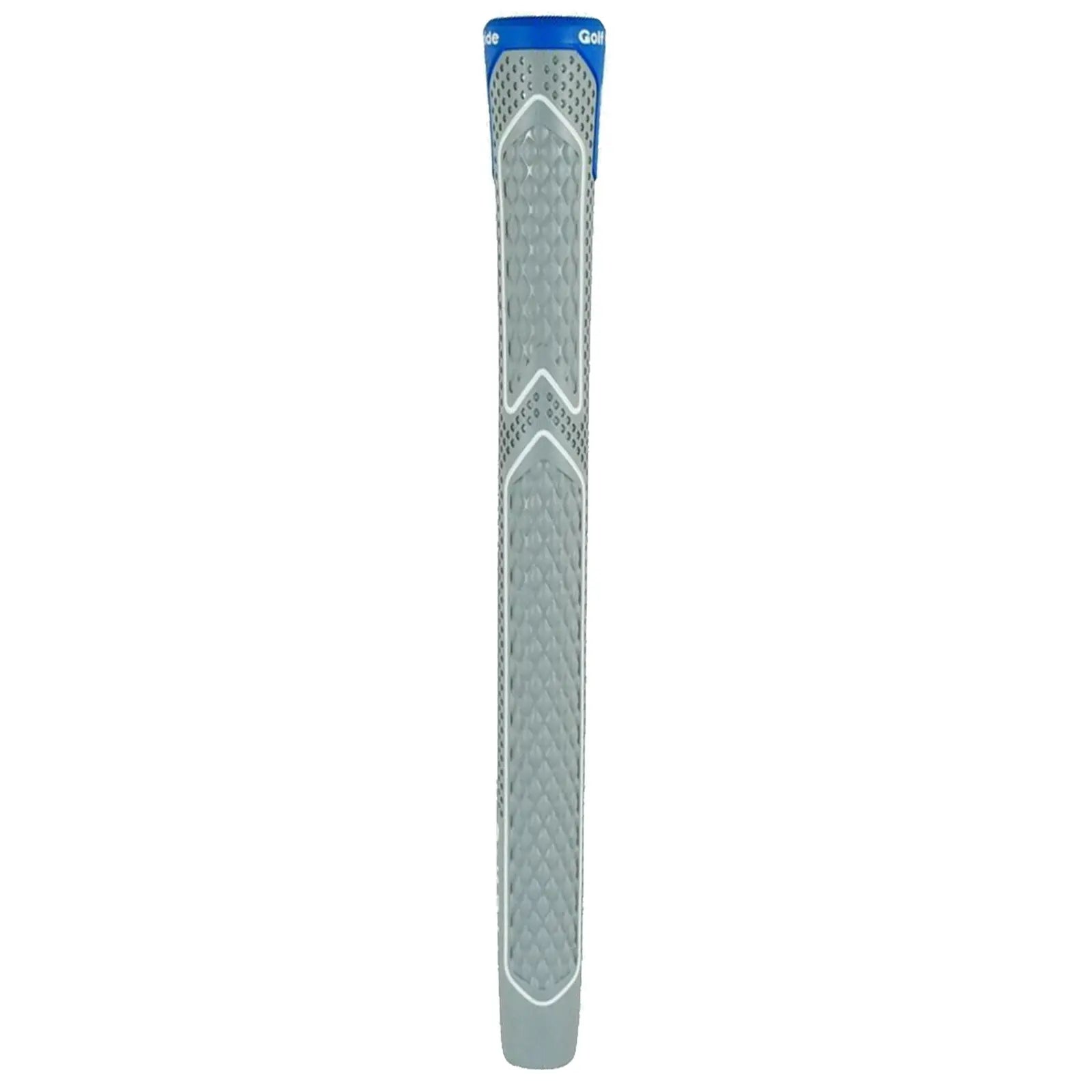 A golf grip is displayed vertically with a textured gray surface and blue top section showing the brand name Golf Pride the grip appears to be designed for improved handling on a golf club.