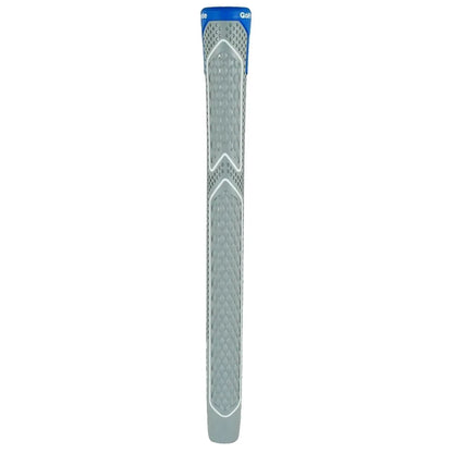 A golf grip is displayed vertically with a textured gray surface and blue top section showing the brand name Golf Pride the grip appears to be designed for improved handling on a golf club.