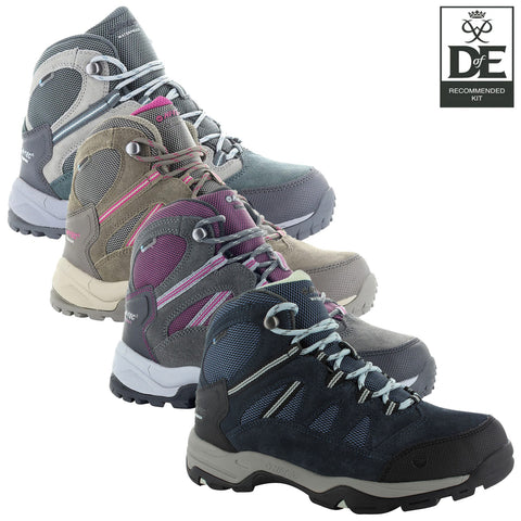 Hi-Tec Ladies Bandera Lite Waterproof Walking Boots Four pairs of hiking boots are arranged in a row showcasing different colors and designs with laces fastened set against a white background alongside a logo that reads DE RECOMMENDED KIT.