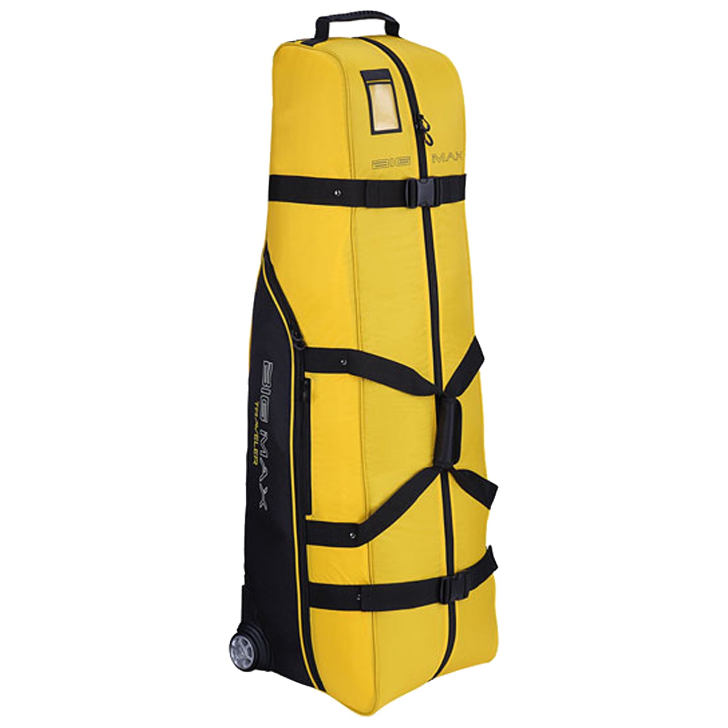 A tall yellow bag with black accents is standing upright featuring wheels and straps for securing contents used for transporting equipment likely for sports or outdoor activities.