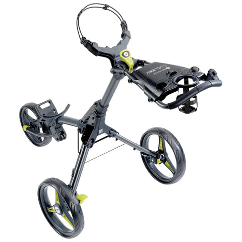 A golf push cart with three wheels features a handlebar and a platform for holding golf bags or accessories, designed for easy transportation on golf courses.
