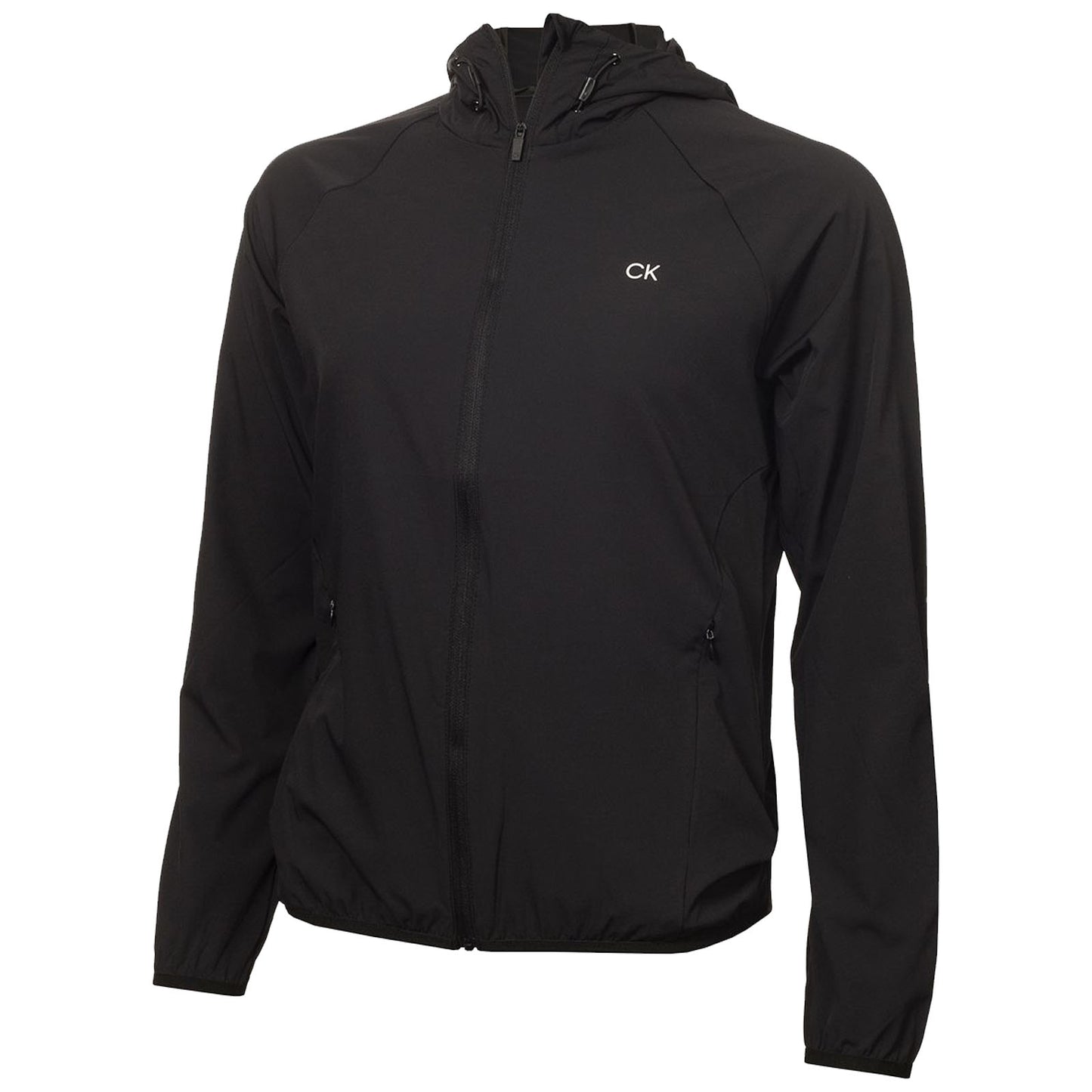 A black lightweight jacket with a hood is displayed. It features a front zip and has a logo on the chest. The garment appears suitable for casual outdoor wear.