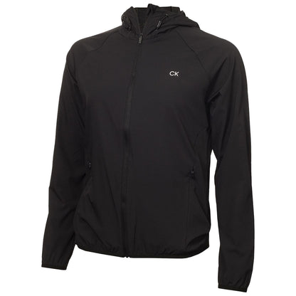 A black lightweight jacket with a hood is displayed. It features a front zip and has a logo on the chest. The garment appears suitable for casual outdoor wear.