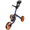 A blue and orange golf push cart stands upright with three large wheels and a handle. It is designed to carry golf bags, providing stability and ease of movement on a course.