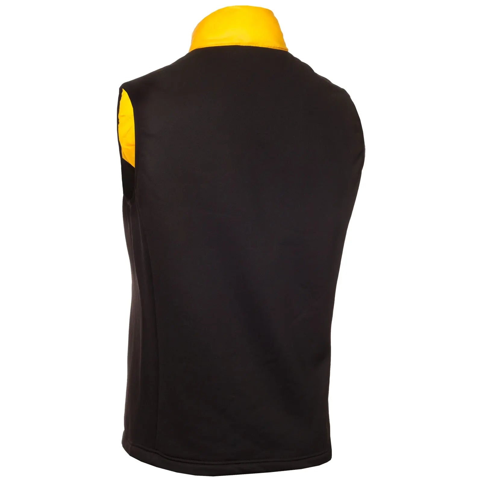 A sleeveless vest with a black body and a bright yellow collar is displayed on a mannequin against a white background. The vest appears unadorned and functional.