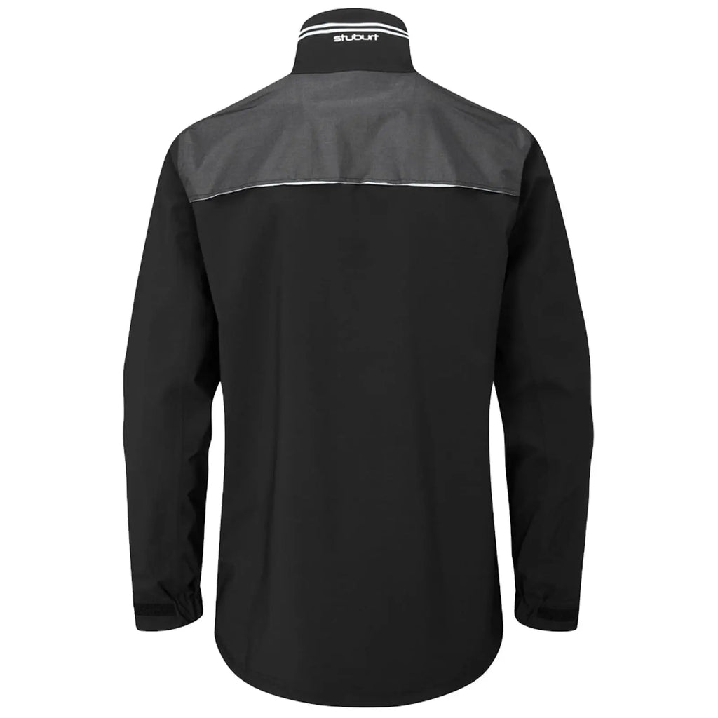 A black long-sleeve shirt with a gray upper back displays a minimalist design featuring a collar and subtle stitching accents suitable for casual or professional wear.