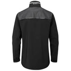 A black long-sleeve shirt with a gray upper back displays a minimalist design featuring a collar and subtle stitching accents suitable for casual or professional wear.