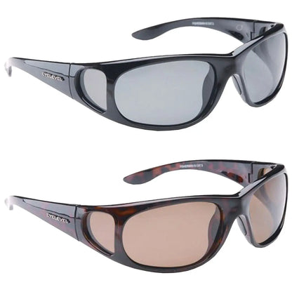 Two pairs of sunglasses are displayed side by side one pair has black frames and dark lenses while the other pair features tortoiseshell frames with lighter brown lenses both emphasizing a sporty design.